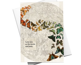 Butterfly Anniversary Card,  Love You to the Moon Card by Wendy Gold, Wedding Anniversary Card, Romantic Love Card, First Anniversary Card