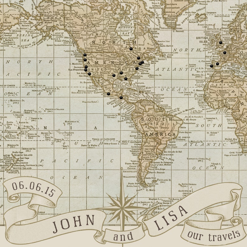 May include: A vintage world map with black dots marking locations, a compass rose, and a banner with the text "John and Lisa our travels" and the date "06.06.15".