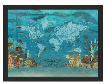 Endangered Ocean Species, Vintage Map Art, World Ocean Map, Fine Art Print