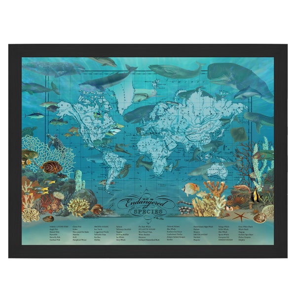 Endangered Ocean Species, Vintage Map Art, World Ocean Map, Fine Art Print