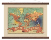 Vintage Map Canvas Art, Bon Voyage, World Travel Map Art