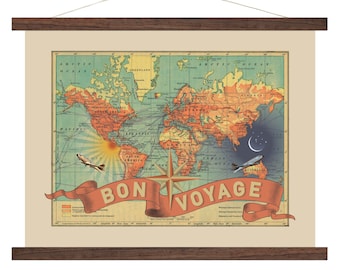 Vintage Map Canvas Art, Bon Voyage, World Travel Map Art