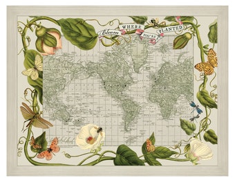 Botanical Bloom Push Pin World Map, Mother's Day Gift