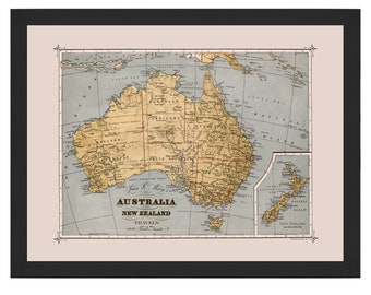May include: A vintage map of Australia and New Zealand, printed in brown, yellow, and blue on a cream background. The map shows the states and territories of Australia, as well as the major cities and towns. The map also includes a small inset map of New Zealand.