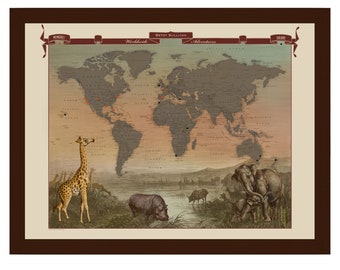 Personalized Animal Safari Push Pin Travel Map Wall Art