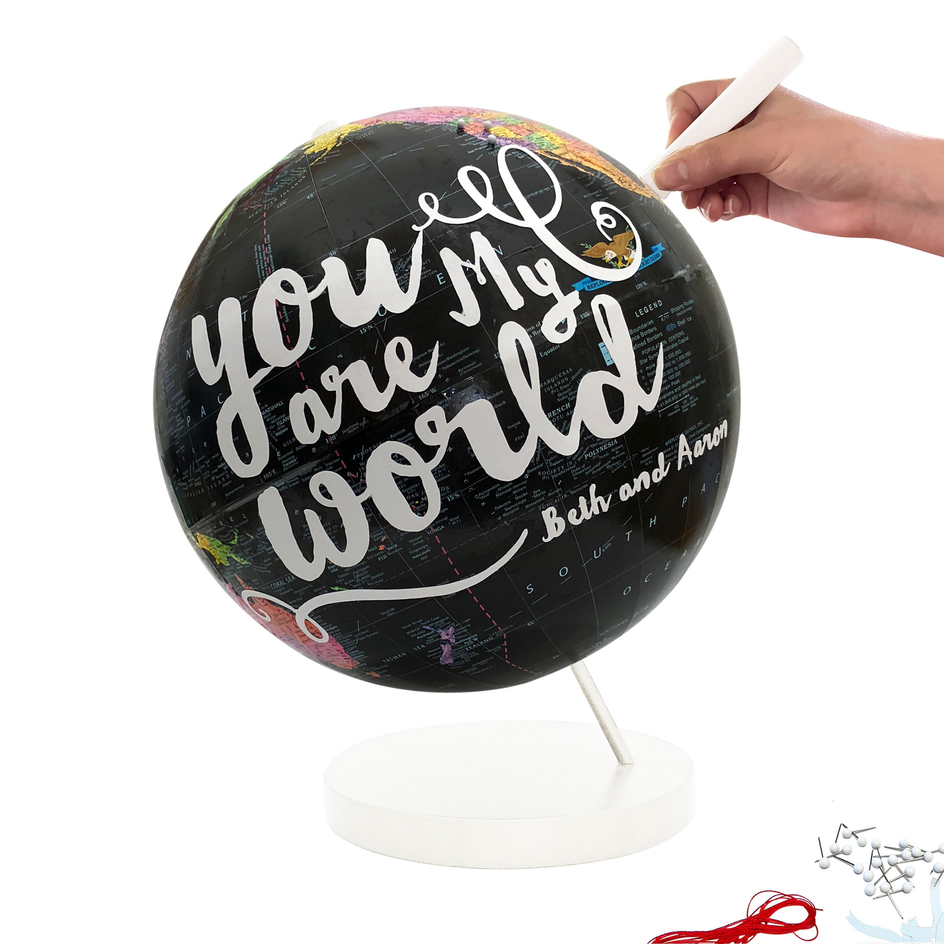 Personalized Push Pin Travel Black Globe Decoupage "You Are My World"