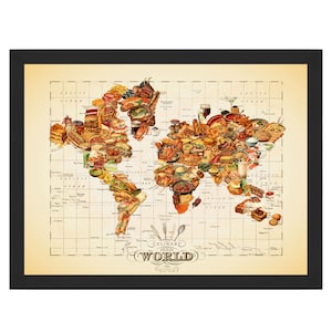 May include: A vintage-style world map with a culinary theme. Each country is represented by a variety of foods, such as sushi, tacos, and pasta. The map is titled "Culinary Map of the World".