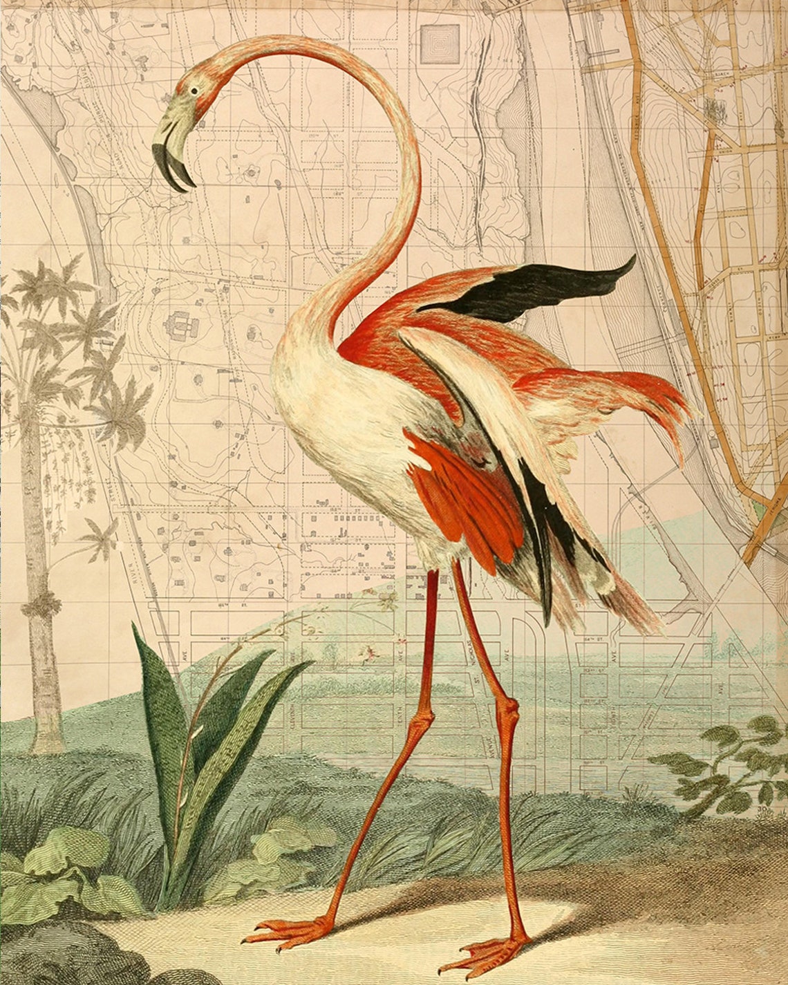 Flamingo Map Art Collage Print Collaged Map Art Print  Etsy