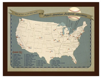 Personalized Baseball Stadium Push Pin Map: Vintage Style Ballpark Tracker