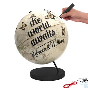 Push Pin Globe World Awaits, Travel Globe with Pins, Personalized Decoupage Globe Art, Wedding Travel Gift