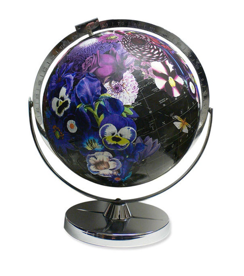 Vintage Globe Art, Bloom, Flower Globe, Black World Globe Art image 2