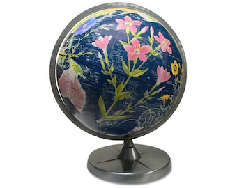 Vintage Globe Art, Flower Power, Black World Globe Art, Floral Globe