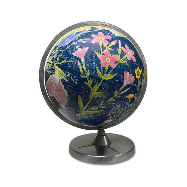 Vintage Globe Art, Flower Power, Black World Globe Art, Floral Globe