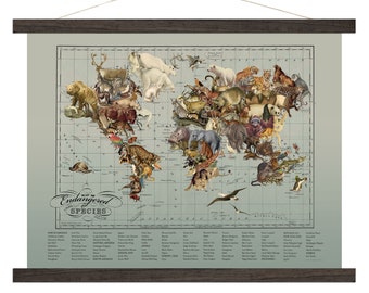 Vintage Map Art, Endangered Species, Endangered Animals World Map Canvas Art