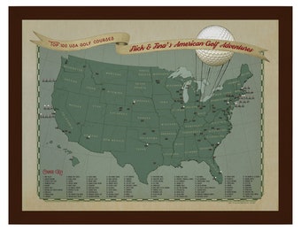 USA Top 100 Golf Courses Push Pin Map: Personalized Golfer Gift