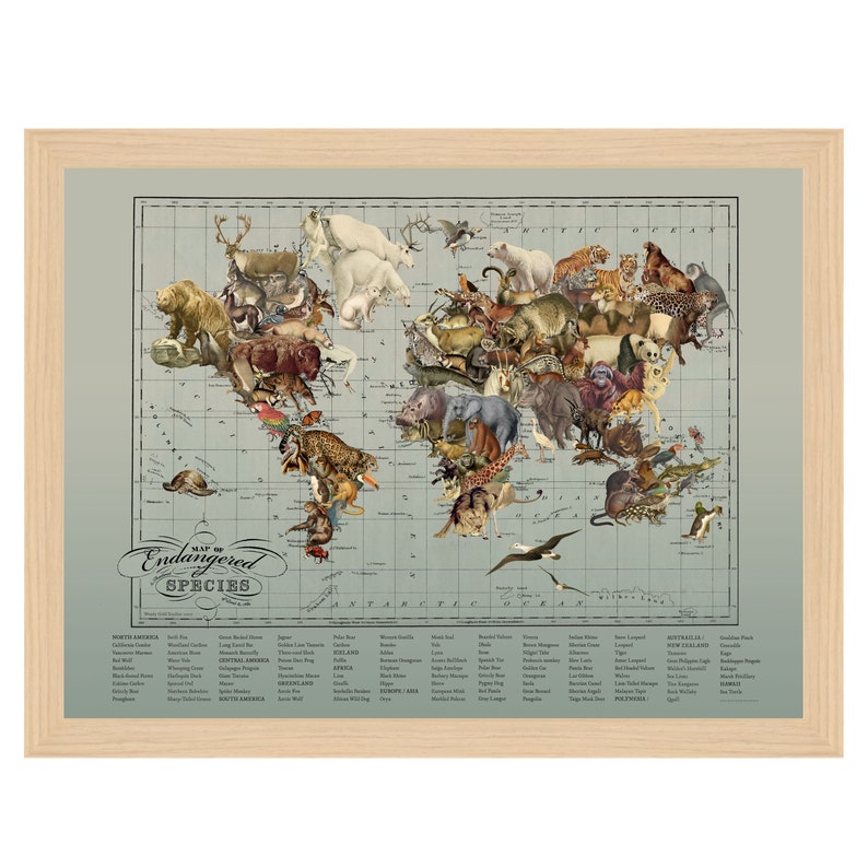 Endangered Species World Map Art: Wendy Gold Vintage Style Animal ...