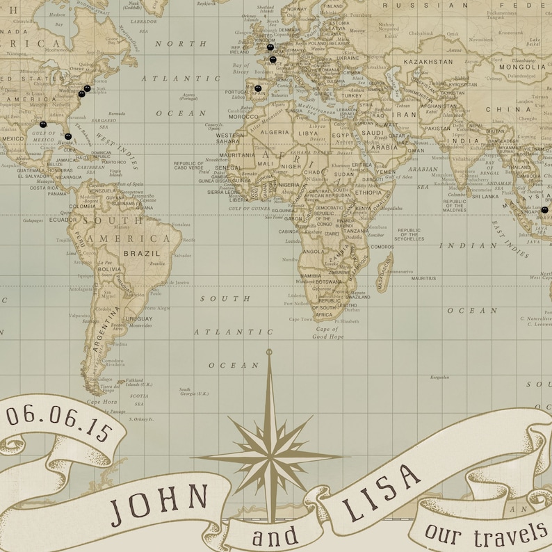 May include: A vintage world map with push pins marking locations. The map is on a light blue background with brown lines and text. The map is surrounded by a brown compass rose and two banners with the text "John and Lisa our travels" and the date "06.06.15".