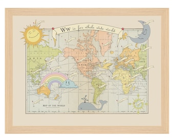 W for Whole Wide World Map Art Print by Wendy Gold, Nursery Map Wall Art
