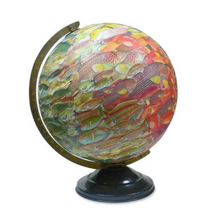 Vintage Globe Art, School of Fish, Fish Swarm World Globe Art image 1