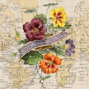 Bloom Where You're Planted Map Art Collage Print, 10x10 Collaged Map Art Print