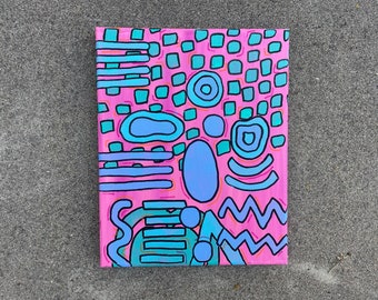 Pintura acrílica original en tonos rosa, azul y turquesa.