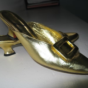 Vintage 80s 1980s does 1940s Metallic Gold Louis Heel Mules Slides Shoes Amour Pepe Jimenez 6.5