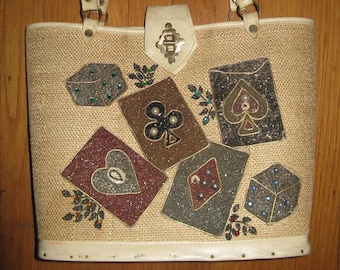 Vintage Card Suite Las Vegas Gambling gravel art gem dice 1960s 1950s kit handbag like Enid Collins