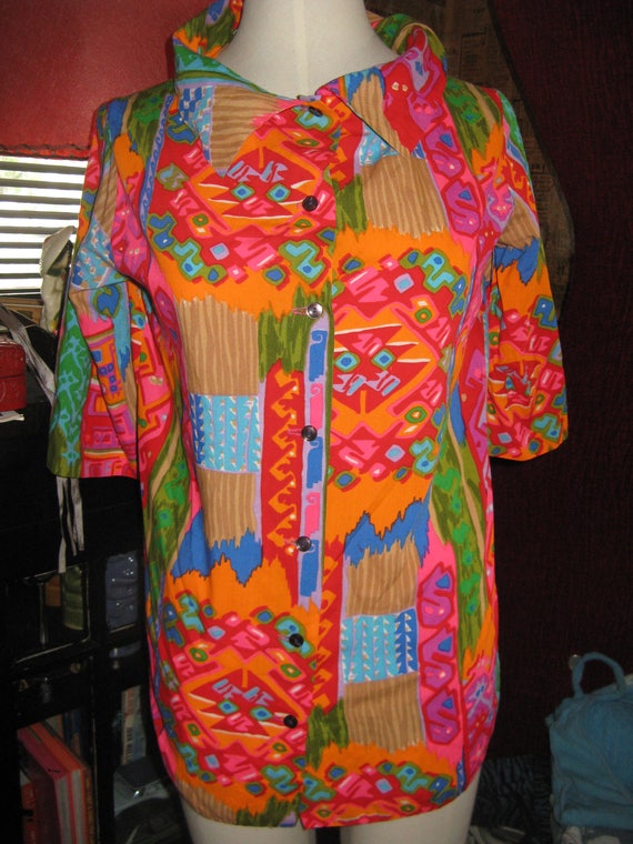 Pop Art Neon Tiki Hawaiian Hula Shirt Top Blouse