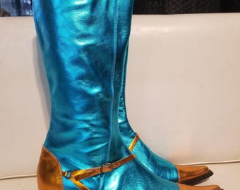 Botas Paolo Iantorno Metallic Kitten Heel New Wave Runway Punk 38 8 Azul Eléctrico Cobre Y2K San Francisco Italia Benny and the Jets