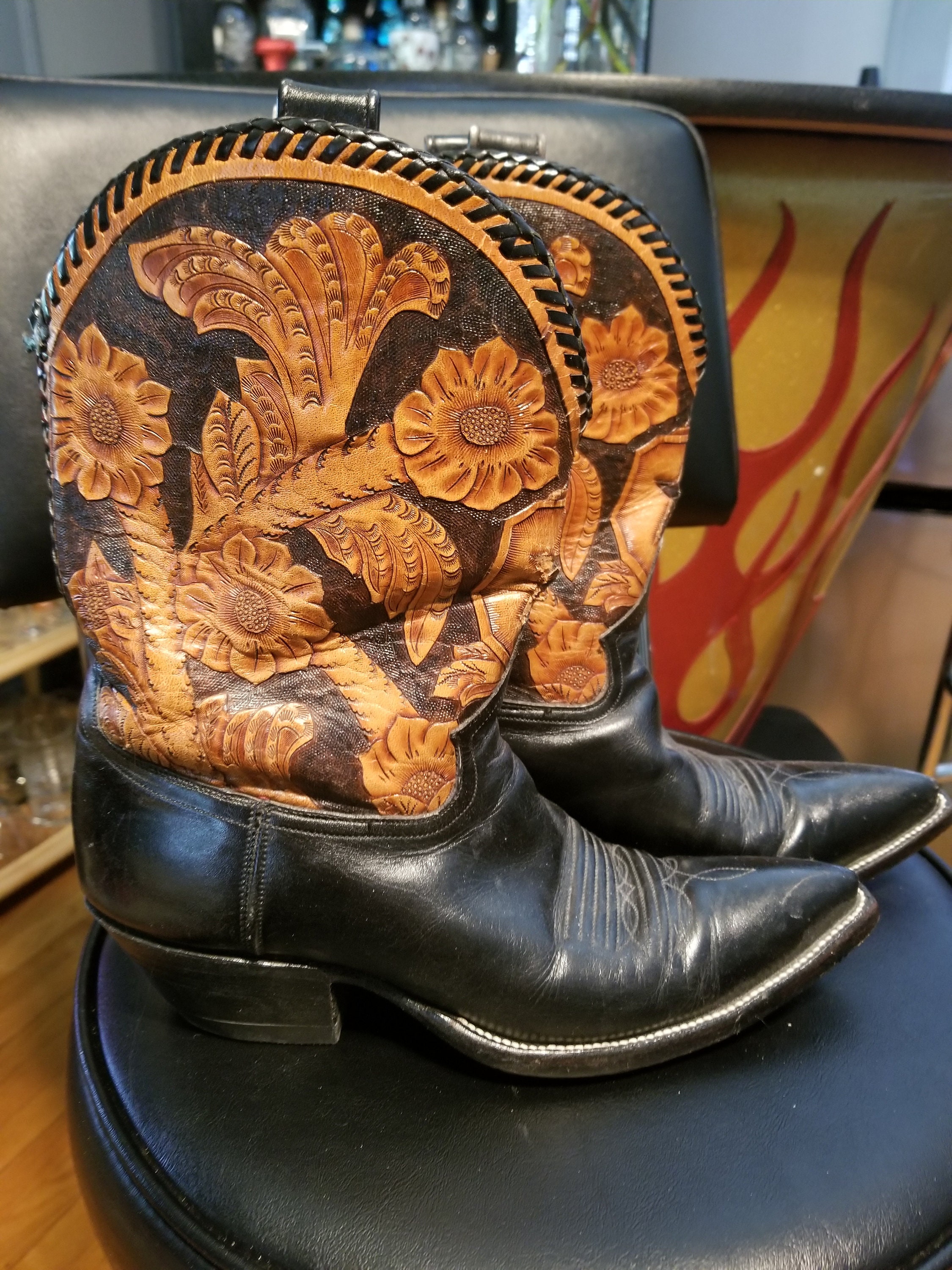 1980s Rocketbuster Hand Tooled Leather Cowboy Boots Made in 1980s Rocketbuster Hand Tooled Leather Cowboy Boots Made in