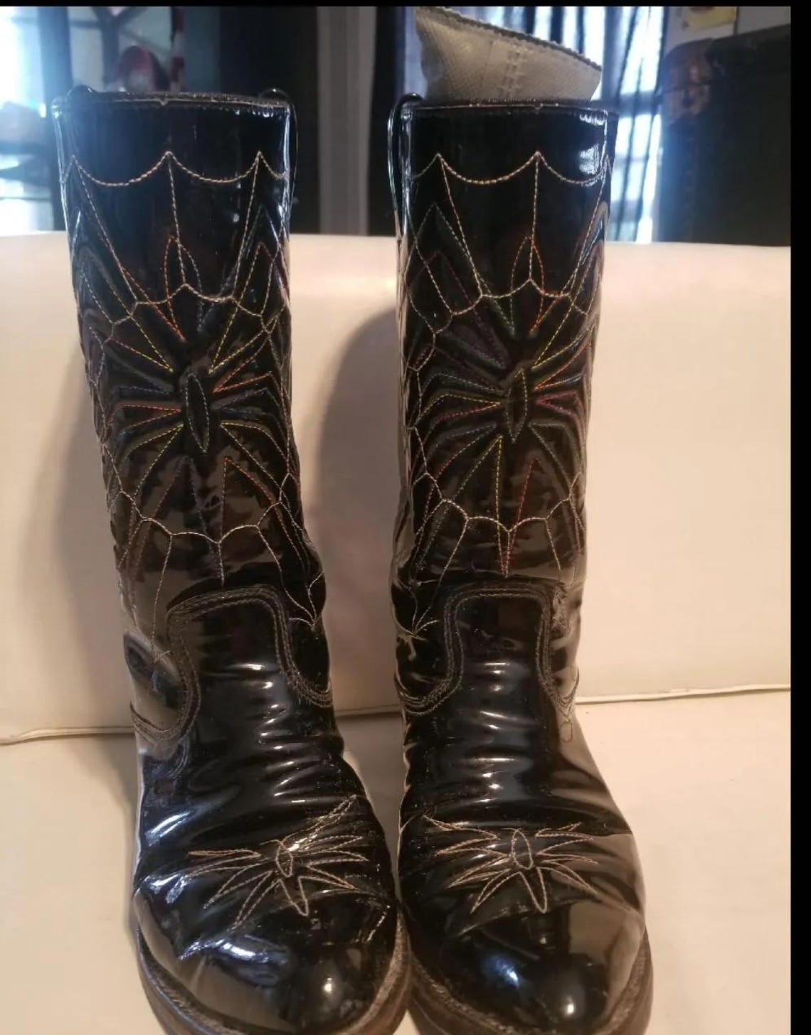 1980s Texas Imperial Black patent leather spider web spiderweb cowboy boots made in Texas, USA ! Men 10, foto 2 di 5