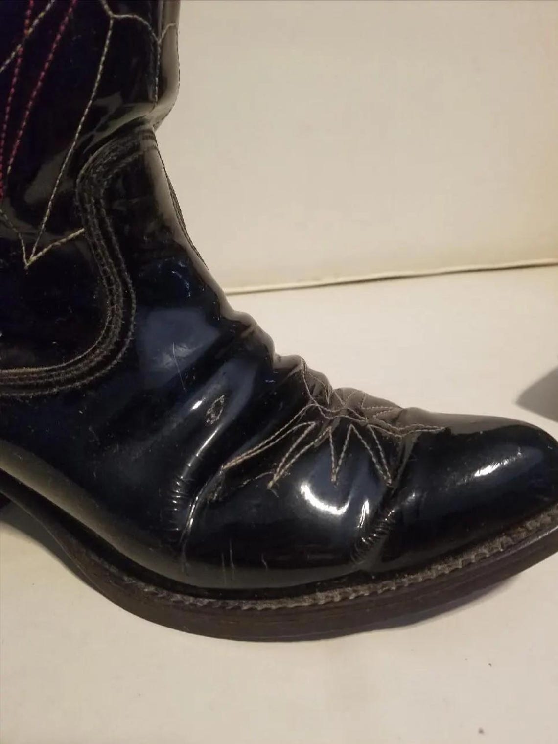 1980s Texas Imperial Black patent leather spider web spiderweb cowboy boots made in Texas, USA ! Men 10, foto 4 di 5