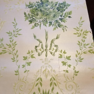 May include: Cream-colored wallpaper with a repeating floral pattern in shades of green. The design features bouquets of roses, leafy vines, and decorative flourishes, creating a vintage aesthetic.