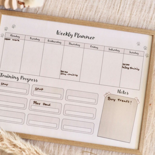Weekly Dog Training Planner, whiteboard planner, printable A3 planner