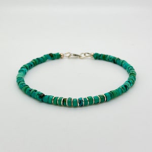 Genuine 5mm Blue Green Turquoise Heishi Beaded Natural Gemstone Bracelet with Real 925 Sterling Silver Accents, Mens Stylish Jewelry