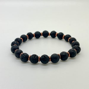 Genuine 8mm Black Lava Rock and Copper Beaded Natural Gemstone Bracelet with Real Copper Accents, Mens Stylish Jewelry