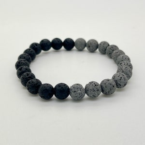 Genuine 8mm Black and Gray Lava Rock Beaded Natural Gemstone Bracelet, Ying and Yang Bracelet, Mens Stylish Jewelry