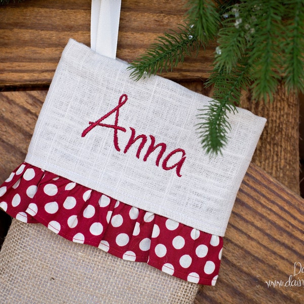 Christmas Farmhouse decor - Ships prior to Christmas - Farmhouse Christmas - Ruffled Burlap Christmas Stocking - Red and cream  - Sale