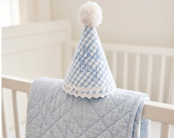 Party Hat | Boy First Birthday - Birthday Boy - Boy party hat - SHIPS NEXT day - Blue gingham birthday - Boy birthday hat