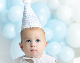 Personalized First Birthday Party Hat: Blue Polka Dot, Handmade