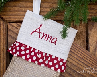 Christmas Farmhouse decor - Ships prior to Christmas - Farmhouse Christmas - Ruffled Burlap Christmas Stocking - Red and cream  - Sale