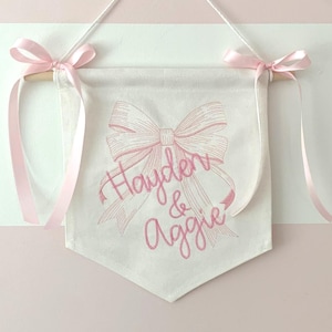 May include: A white banner with a pink bow design and the names "Hayden & Aggie" in pink script. The banner is suspended by a white cord and adorned with pink ribbons tied to wooden dowels.