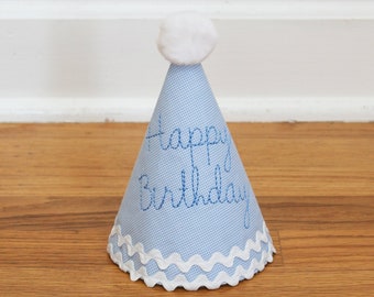 First Birthday Hat - Boy party hat - SHIPS NEXT day - Blue gingham birthday - Happy Birthday party hat - Boy birthday hat