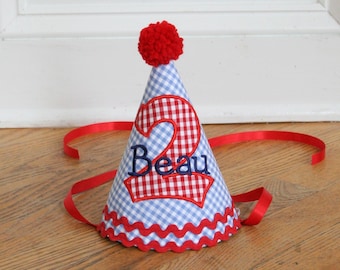 Blue gingham birthday hat | Boy Birthday Red Blue | Baby Keepsake | Baby Shower Gift