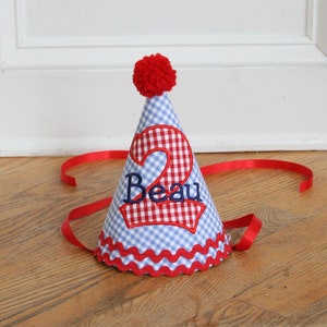 Blue gingham birthday hat | Boy Birthday Red Blue | Baby Keepsake | Baby Shower Gift