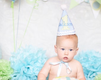 First Birthday Party Hat for boys - Blue gingham and soft green dots - Peter Rabbit birthday - Free personalization - 1st birthday boy