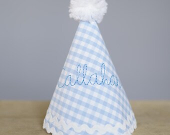 Personalized First Birthday Party Hat: Blue Polka Dot, Handmade