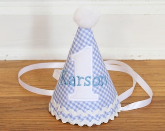 Baby birthday hat boy - Boy party hat - Blue gingham birthday - Boy birthday hat - Handmade Party Hat - Personalized Birthday Hat