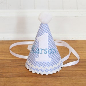 Baby birthday hat boy Boy party hat Blue gingham birthday Boy birthday hat Handmade Party Hat Personalized Birthday Hat image 2