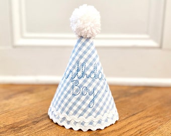 First Birthday Hat - Birthday Boy - Boy party hat - SHIPS NEXT day - Blue gingham birthday - Happy Birthday party hat - Boy birthday hat